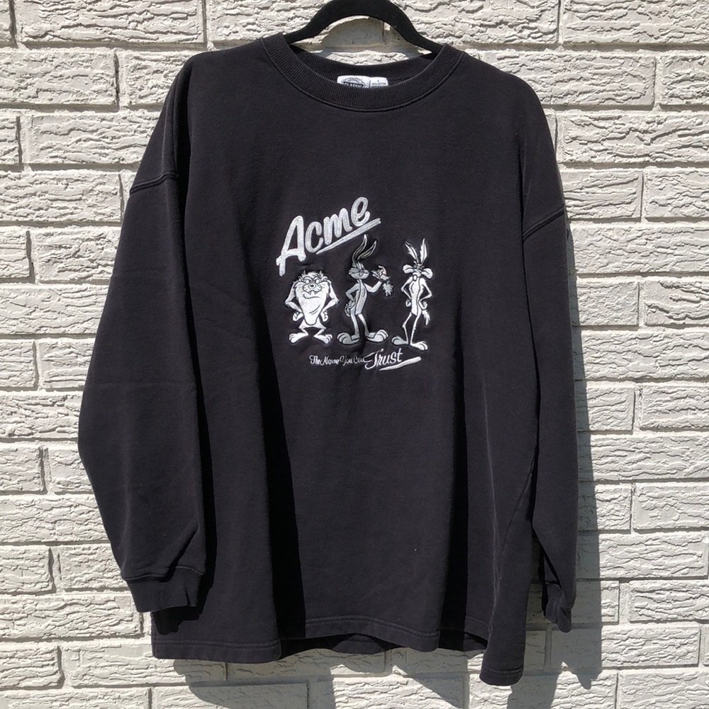 Vintage 1994 Looney Tunes ACME Embroidered Black LongSleeve Sweatshirt Large